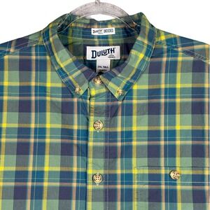 Duluth Trading Co Untucked Shirt Mens 2XL Tall Slim Fit Plaid Short Sleeve Green